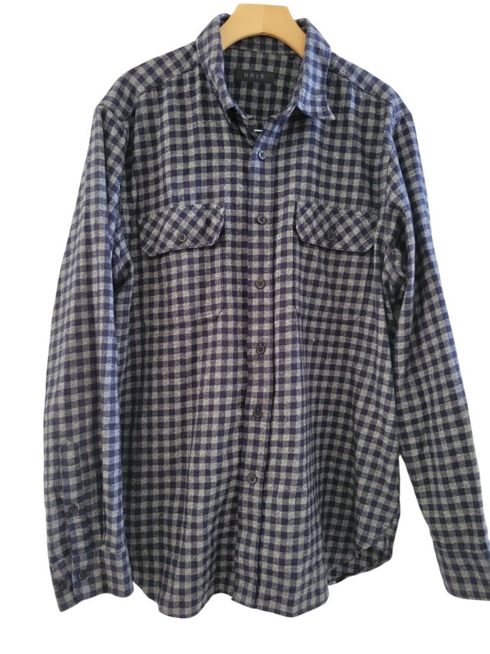 UNIS Japanese Fabric Mens Blue Gray Flannel Shirt size XL Button front Portugal